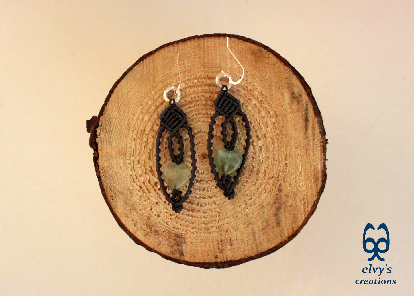 Handmade Grey Macrame Earrings with Lace Green Fluorite Heart Gemstones