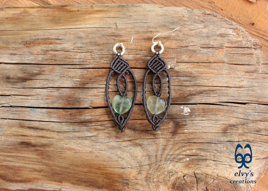 Handmade Grey Macrame Earrings with Lace Green Fluorite Heart Gemstones