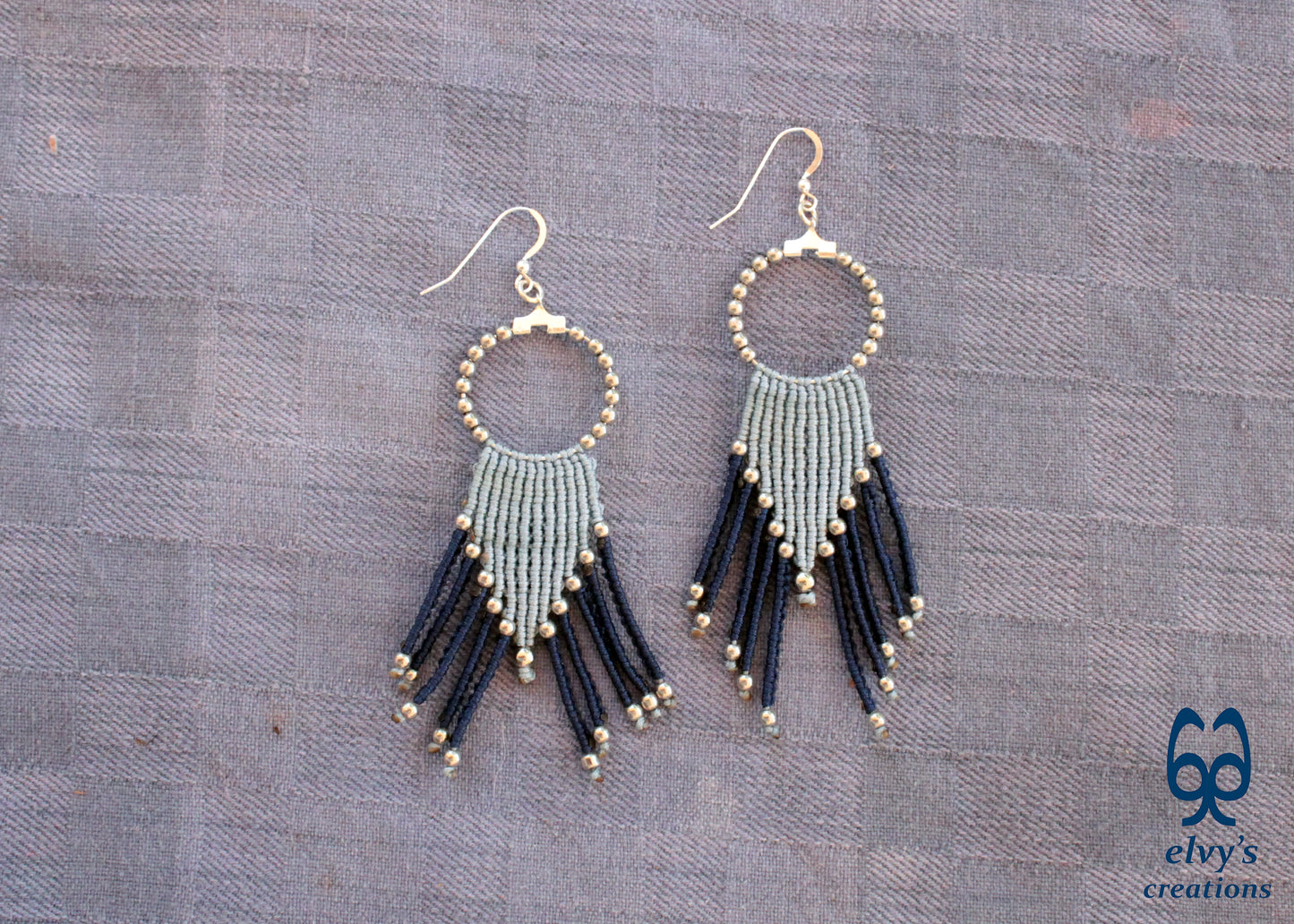 Handmade Macrame Earrings, Hematite Gemstone Bead Hoop Earrings, Unique Birthday Gift for Women