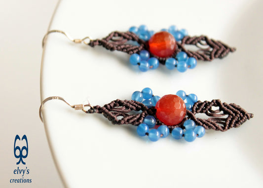 Brown Macrame Blue Jade and Orange Carnelian Micromacrame Beaded Earrings