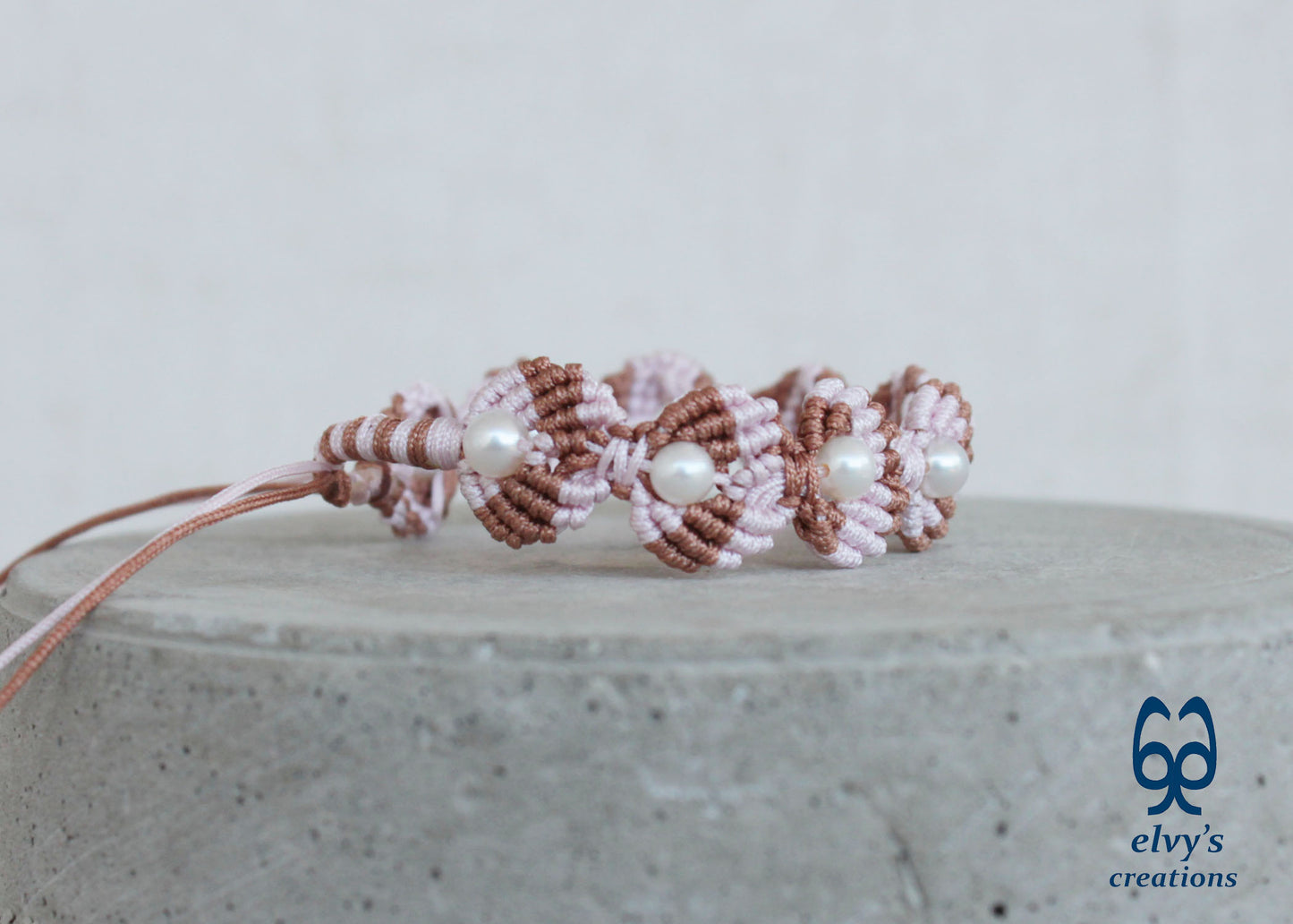 Handmade Pink Macramé Adjustable Bracelet Flower Bracelet with Pearls