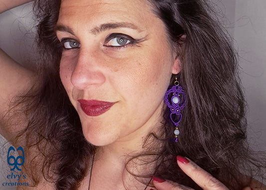 Purple Gold Macrame Earrings, Hematite Dangle Gemstone Beads Earrings, Birthday Gift for Women