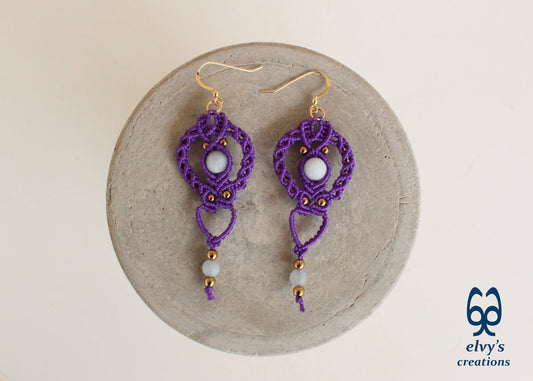 Purple Gold Macrame Earrings, Hematite Dangle Gemstone Beads Earrings, Birthday Gift for Women