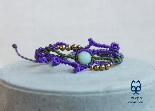 Purple and Green Macrame Bracelet with Aventurine and Hematite Gemstones