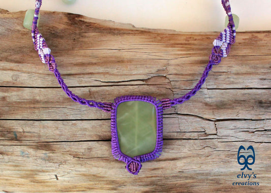 Handmade Purple Macrame Necklace with Lime Green Chalcedony Gemstones