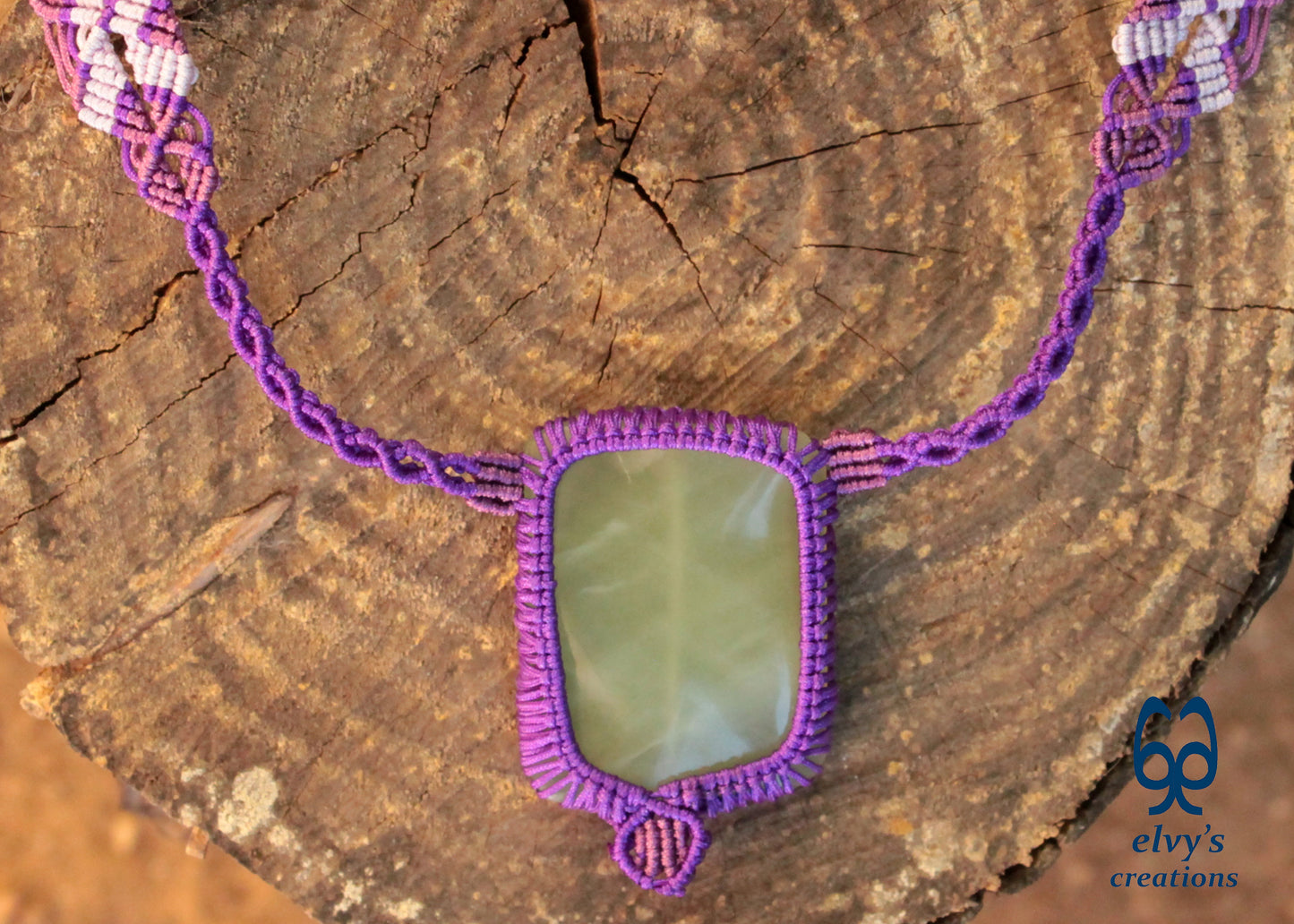 Handmade Purple Macrame Necklace with Lime Green Chalcedony Gemstones