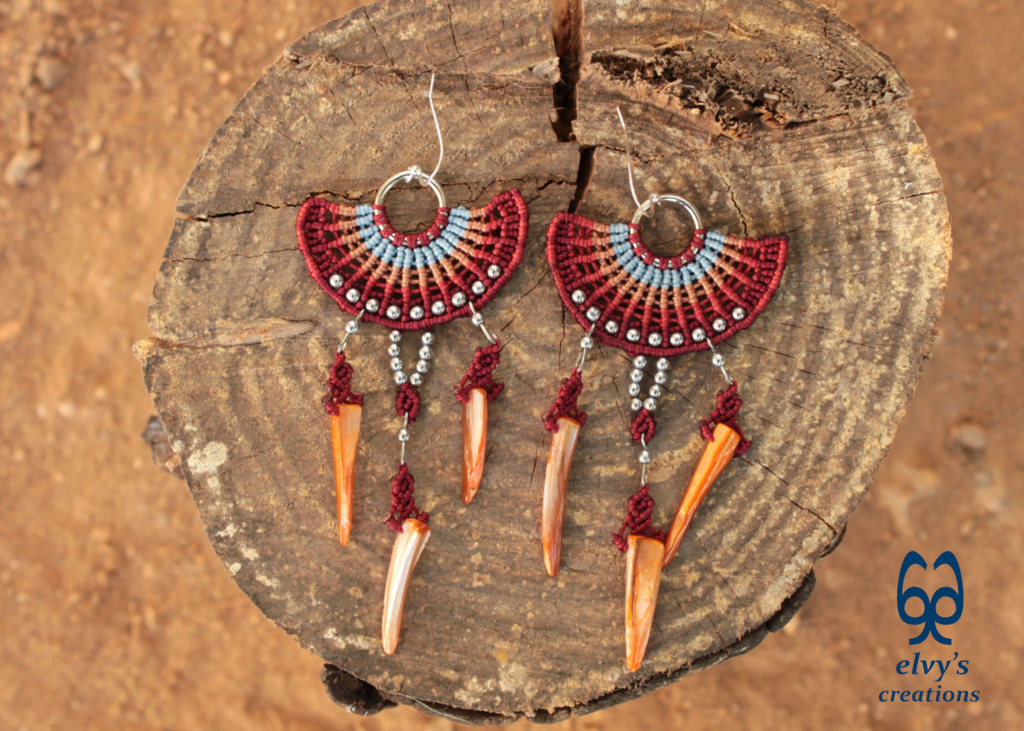 Big Red Macramé Earrings Long Dangle with Hematite Gemstones and Shells