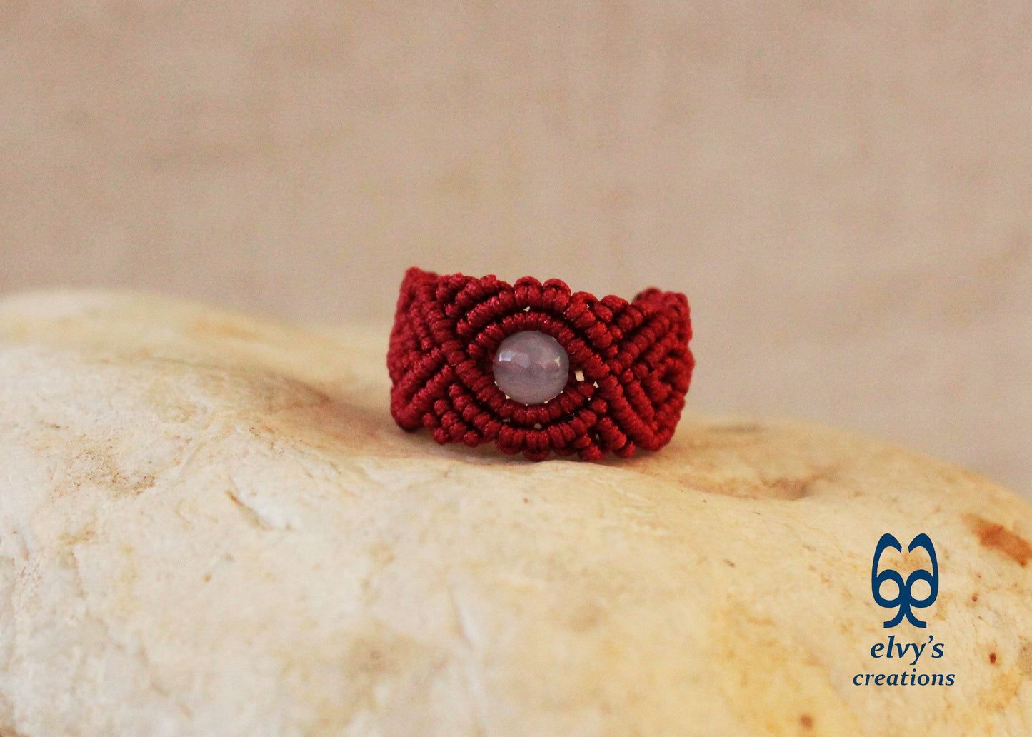 Red Macrame Ring with Purple Chalcedony Gemstone Unique Birthday Gift