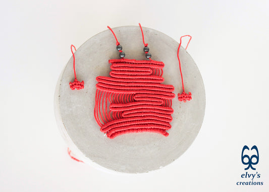 Red Macrame Necklace Adjustable Beaded Pendant with Natural Healing Gems Grey Hematite for Men and Women