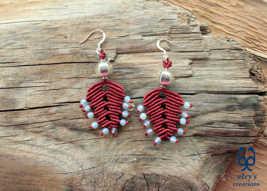 Red Macrame Earrings with Moonstones Lace Rainbow Moonstone Gemstones Boho Earrings