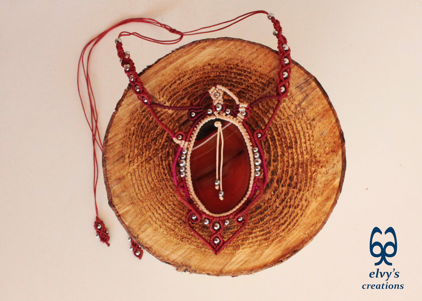 Red Macrame Choker Necklace with Carnelian and Hematite Gemstones Lace Choker Necklace