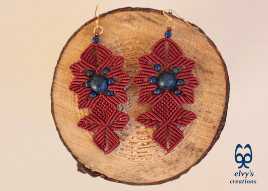 Red Macrame Earrings with Long Dangle with Blue Lapis Lazuli Gemstones