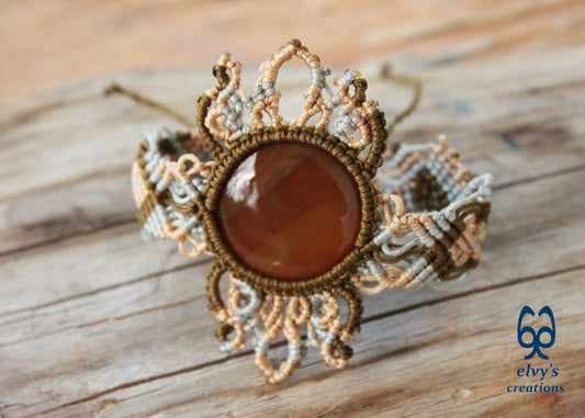 Gold Macrame Bracelet with Carnelian Gemstone Mandala Adjustable Lace Bracelet