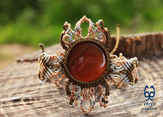 Gold Macrame Bracelet with Carnelian Gemstone Mandala Adjustable Lace Bracelet