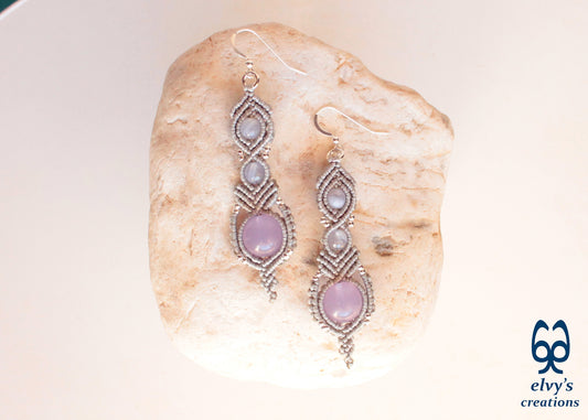 Handmade Silver Macrame Earrings, Dangle Gemstone Beads, Unique Birthday Gift For Women