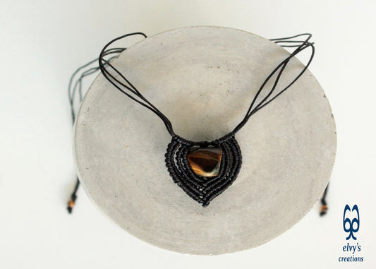 Brown Tiger Eye Macrame Beaded Necklace Heart Shaped Charm