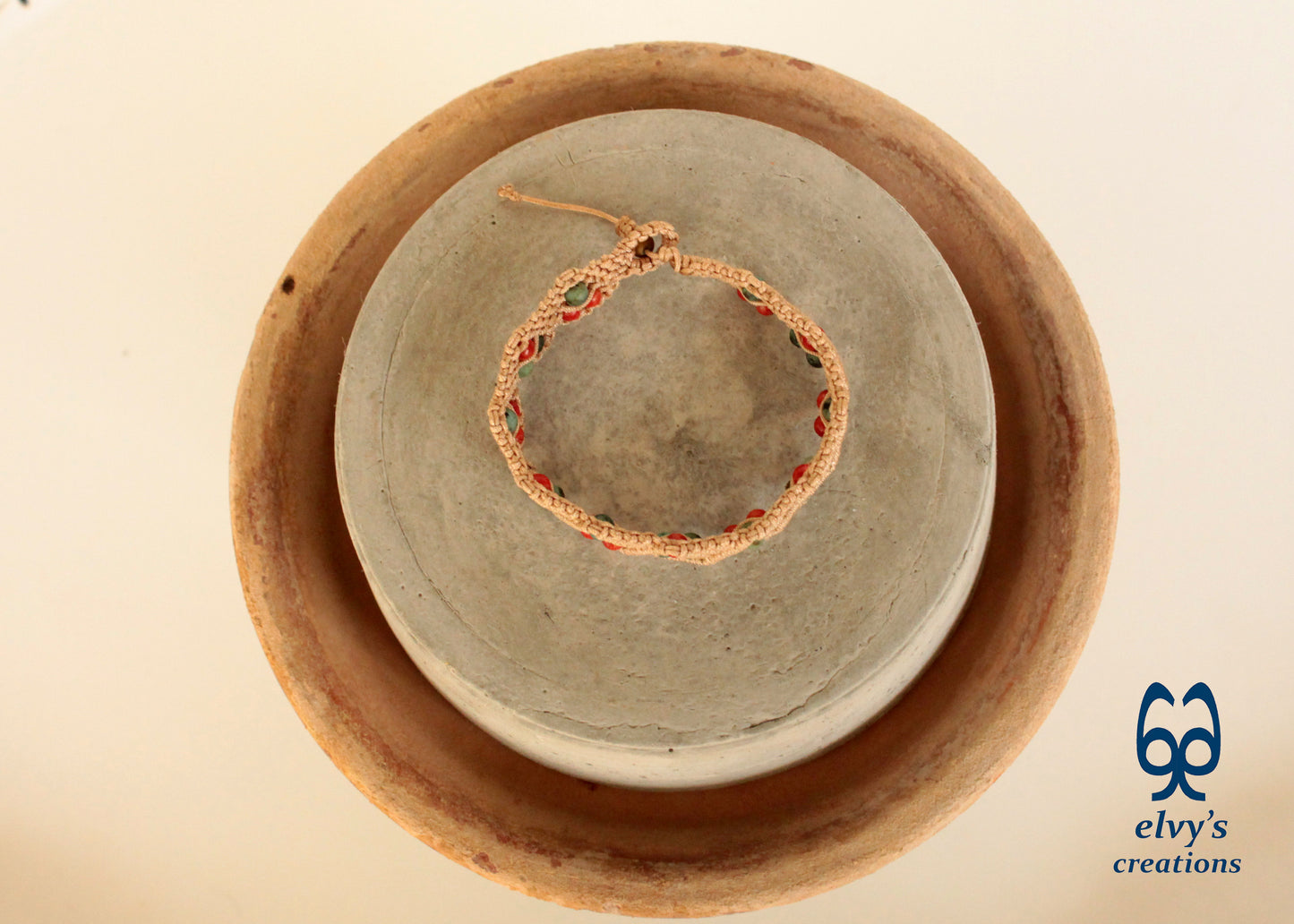 Macrame Beige Boho Beaded Bracelet for Women Natural Turquoise and Red Coral