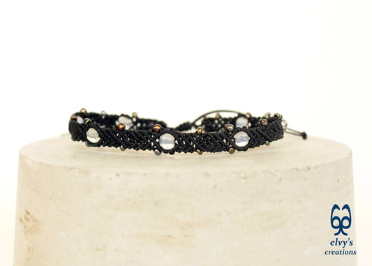 Black Macrame Moonstone Beaded Handmade Bracelet for Women - ElvysCreations