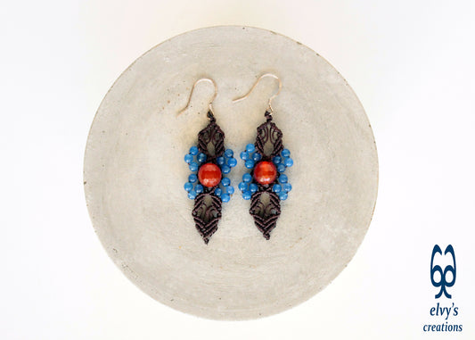 Brown Macrame Blue Jade and Orange Carnelian Micromacrame Beaded Earrings