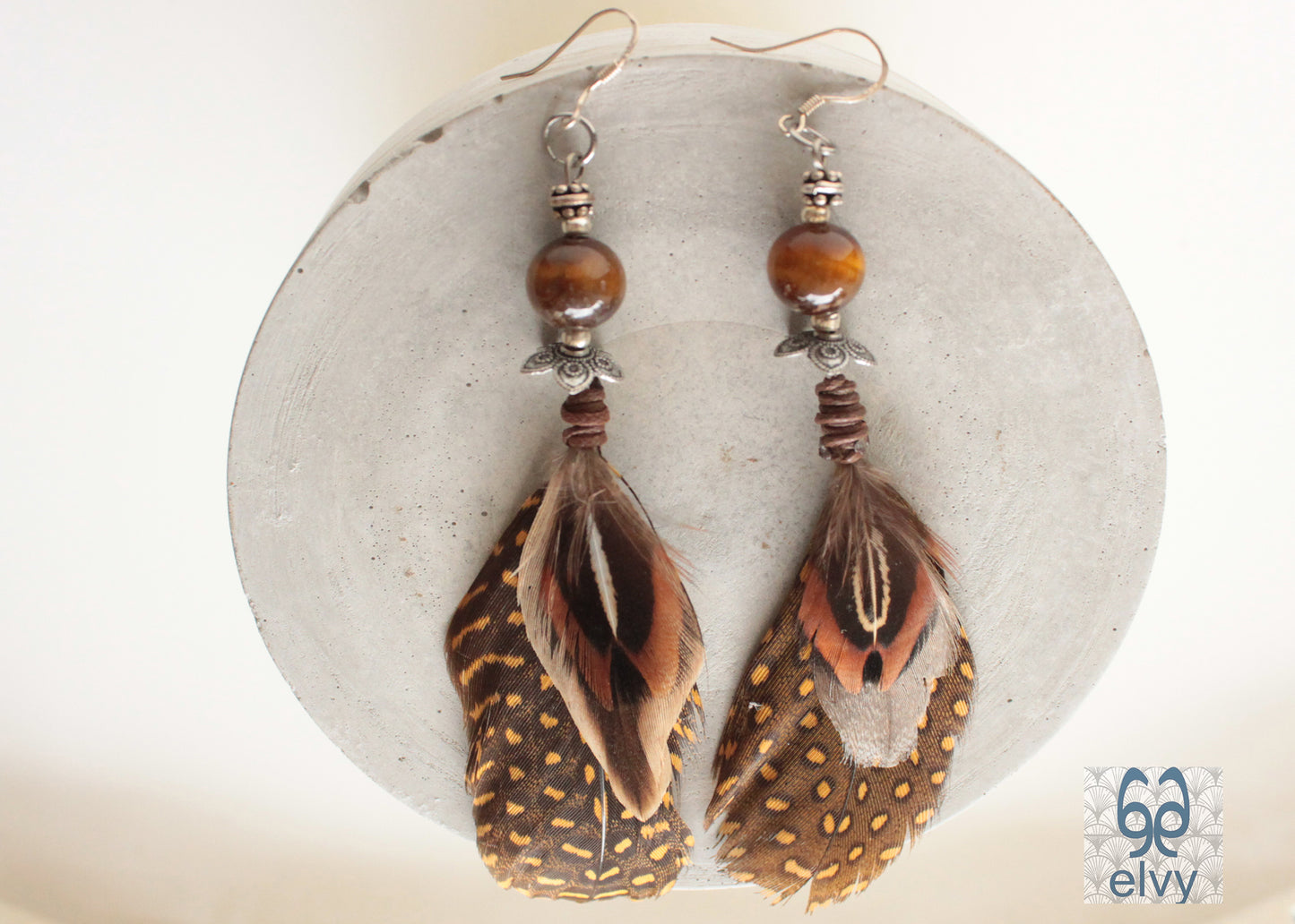 Brown and Yellow Tribal Earrings Tiger Eye Dangle with Natural Feather and Sterling Silver Elements - ElvysCreations