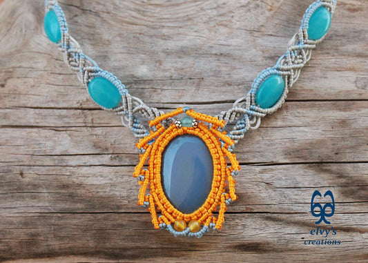 Blue Macrame Necklace Jade Gemstone Silver Choker Necklace Yellow Necklace