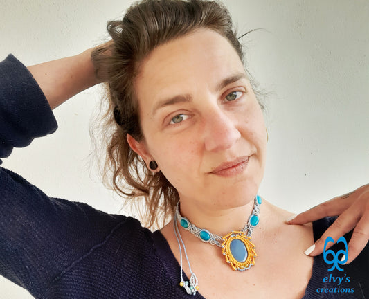 Yellow Macramé Necklace with Agate and Jade Gemstones