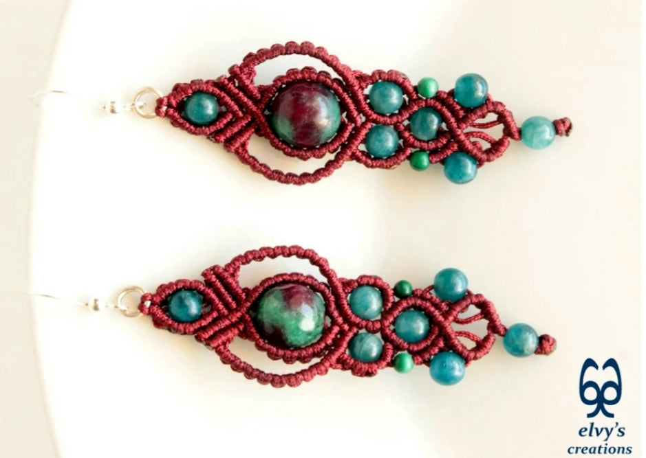 Red Macrame Earrings with Apatite, Malachite and Agate Gemstones