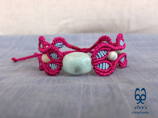 Handmade Gray Macrame Bracelet with Amazonite – Boho Choker Jewelry for Healing and Protection