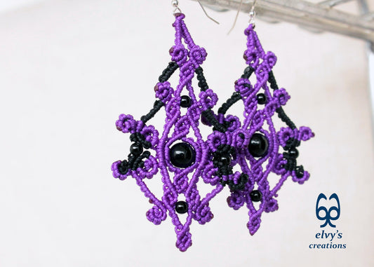 Purple Macramé Earrings with Onyx Gemstones – Handmade Boho Jewelry for Strength and Balance