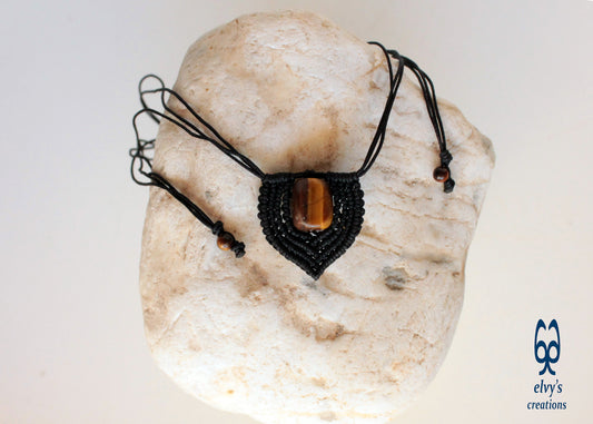 Black Macrame Tiger Eye Handmade Necklace