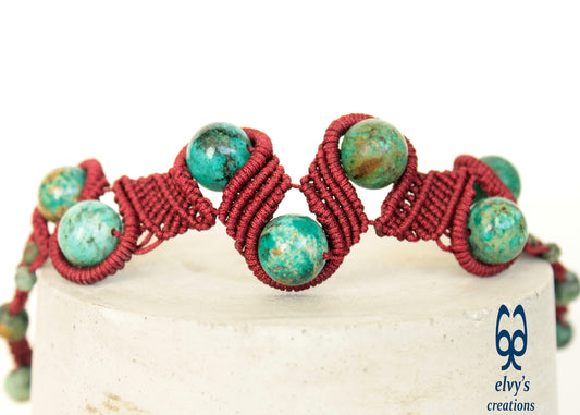 Dark Red Macrame Necklace With Garnets and Turquoise Gemstones
