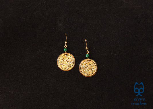 Gold Folklore Earrings Coin Dangle Drop Greek Traditional Jewelry 925 Sterling Silver Gold Plated Gypsy Jewelry Green Malachite Gemstone