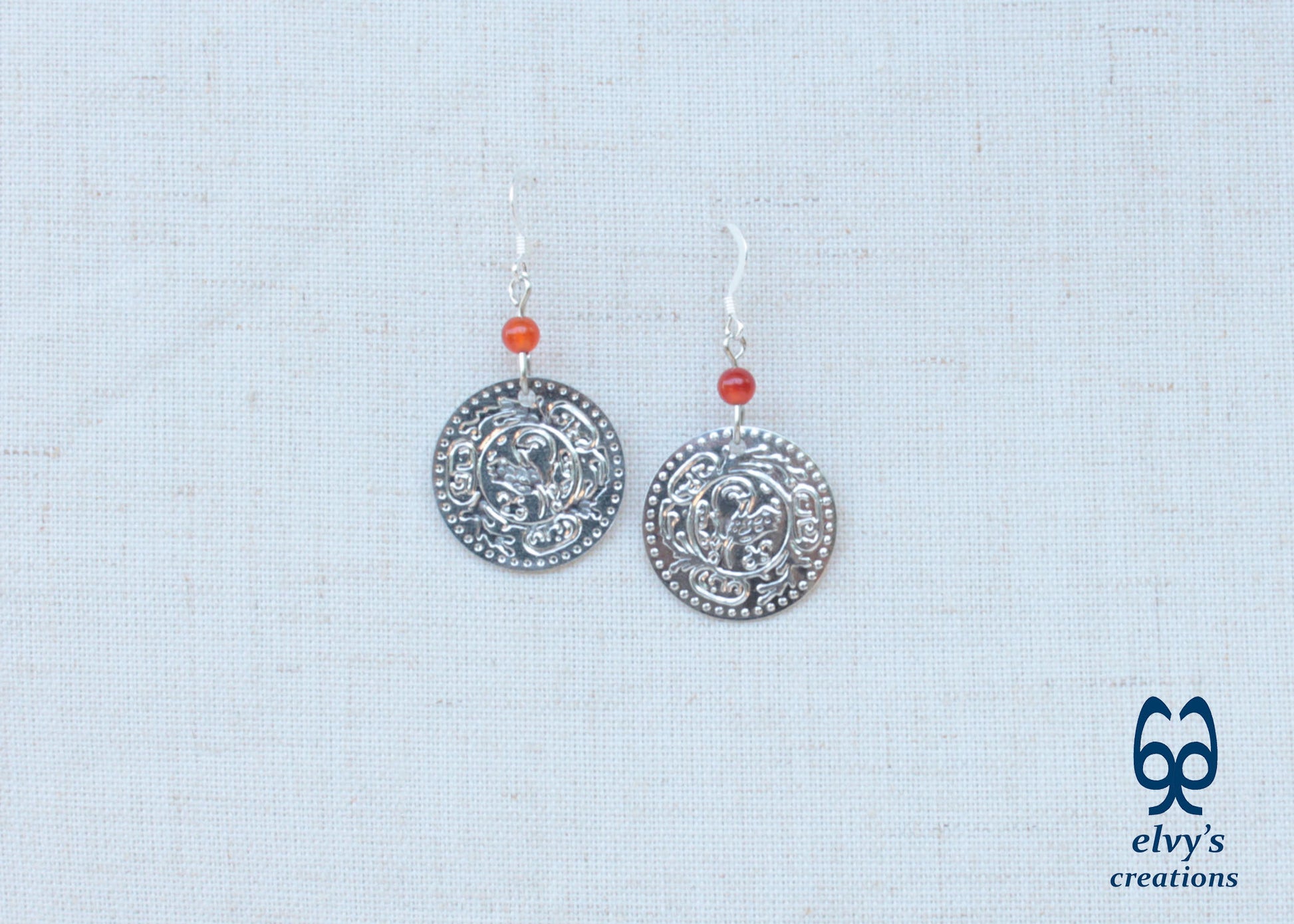 Silver Folklore Earrings Coin Dangle Drop Greek Traditional Jewelry 925 Sterling Silver Gypsy Jewelry Orange Carnelian Gemstone