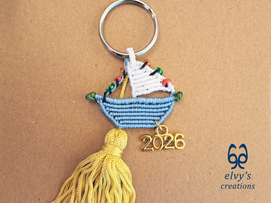 Macrame Boat New Year's Lucky Charm 2026 - Light Blue Key Chain