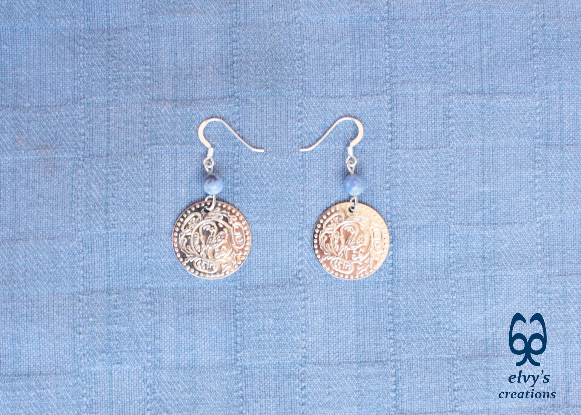 Gold Folklore Earrings Coin Dangle Drop Greek Traditional Jewelry 925 Sterling Silver Gypsy Jewelry Blue Sodalite Gemstone