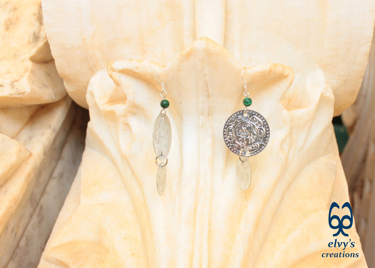 Silver Folklore Earrings Coin Dangle Drop Greek Traditional Jewelry 925 Sterling Silver Gypsy Jewelry Green Malachite Gemstone