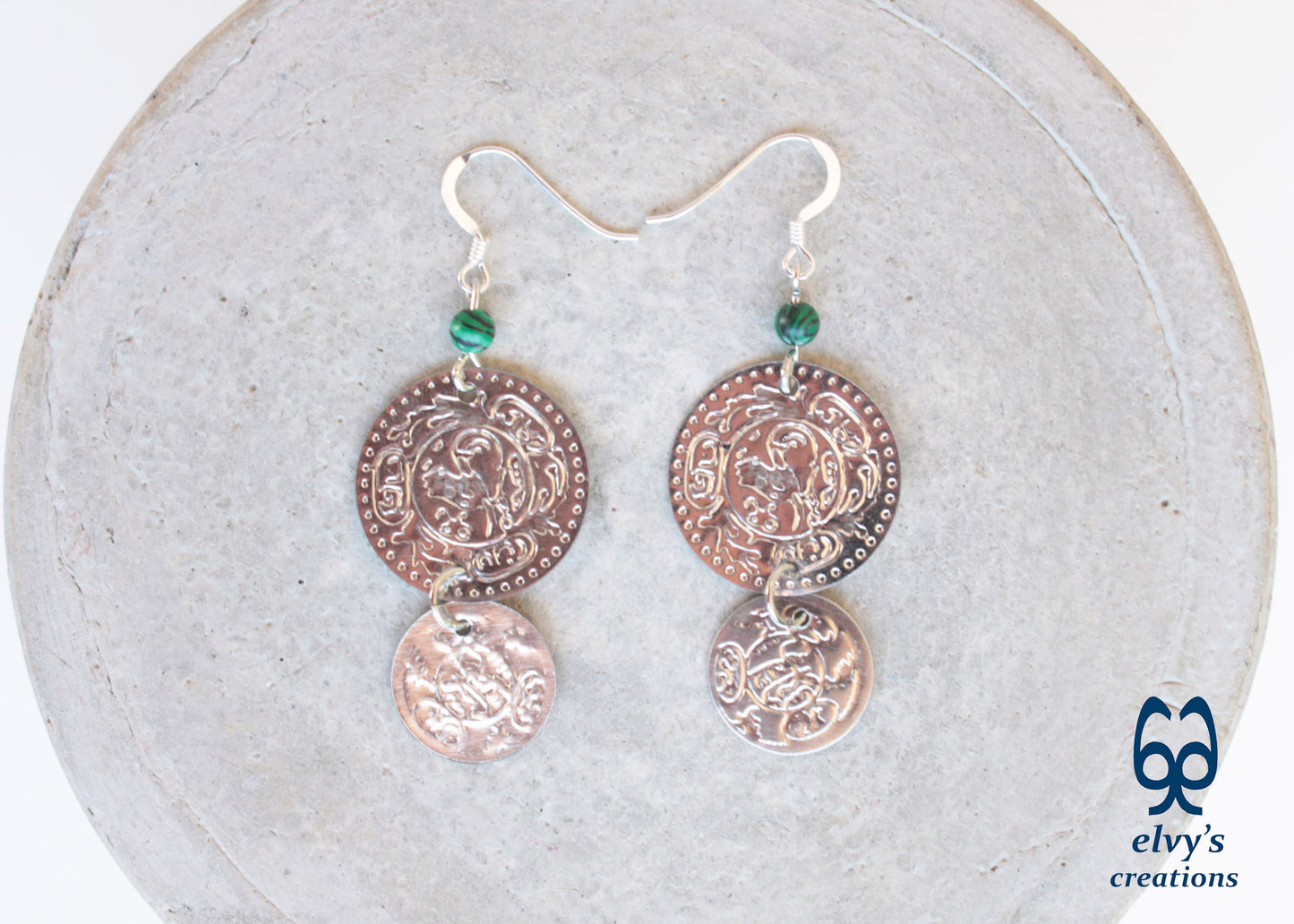 Silver Folklore Earrings Coin Dangle Drop Greek Traditional Jewelry 925 Sterling Silver Gypsy Jewelry Green Malachite Gemstone