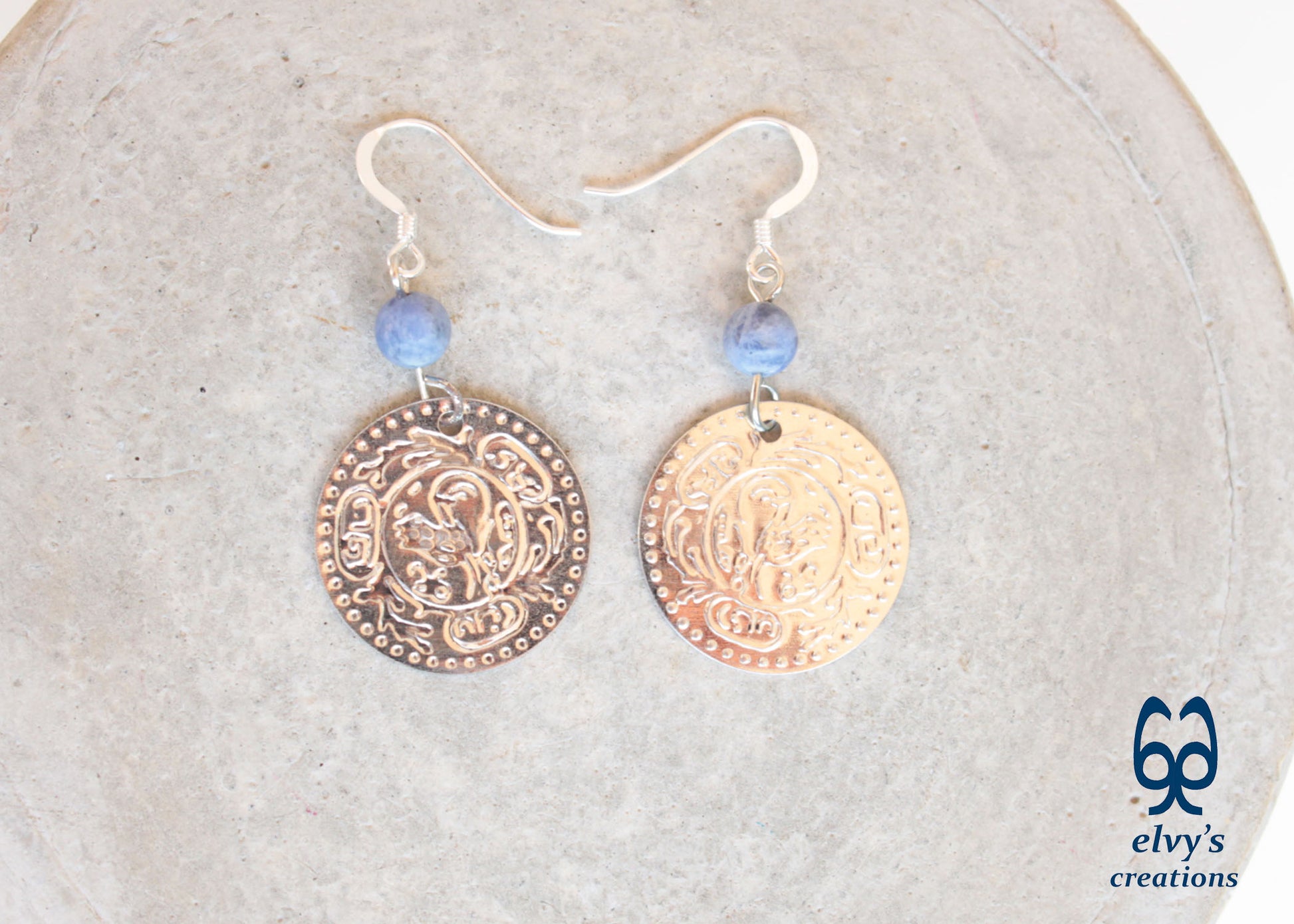 Gold Folklore Earrings Coin Dangle Drop Greek Traditional Jewelry 925 Sterling Silver Gypsy Jewelry Blue Sodalite Gemstone
