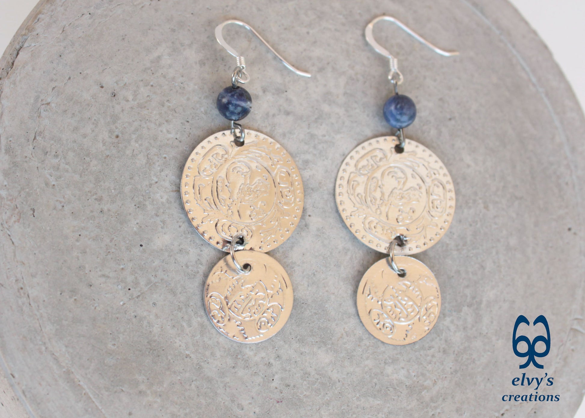 Silver Folklore Earrings Coin Dangle Drop Greek Traditional Jewelry 925 Sterling Silver Gypsy Jewelry Blue Sodalite Gemstone