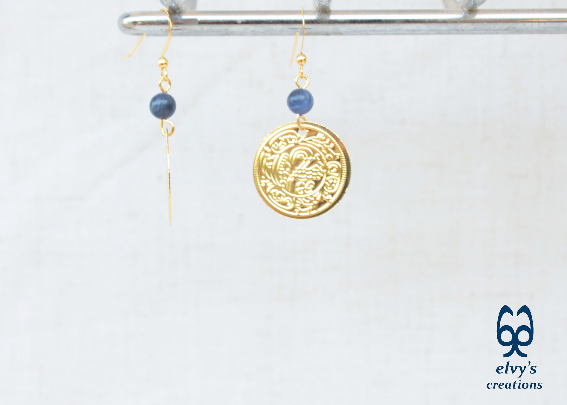 Gold Folklore Earrings Coin Dangle Drop Greek Traditional Jewelry 925 Sterling Silver Gold Plated Gypsy Jewelry Blue Sodalite Gemstone