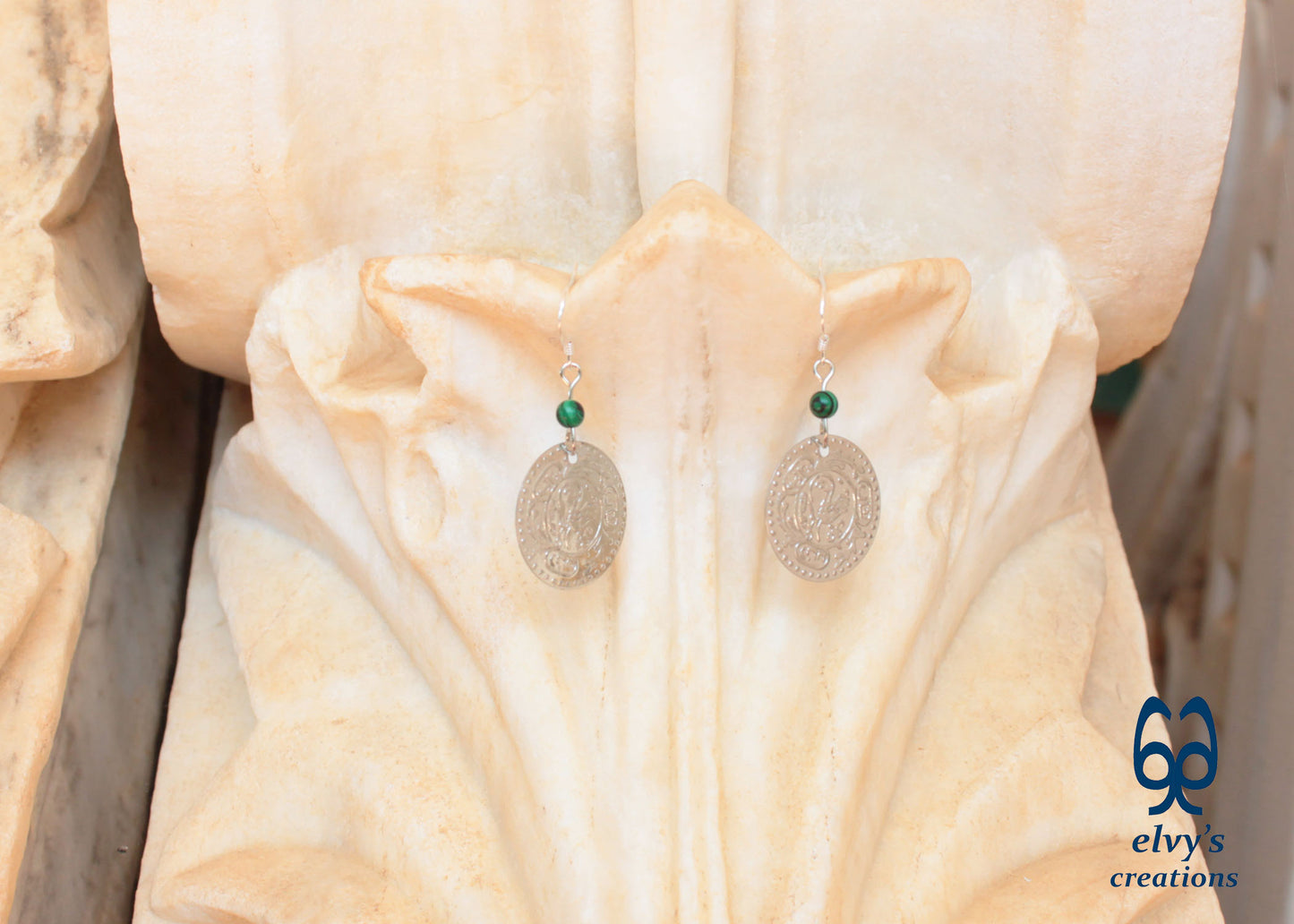Gold Folklore Earrings Coin Dangle Drop Greek Traditional Jewelry 925 Sterling Silver Jewelry Green Malachite Gemstone
