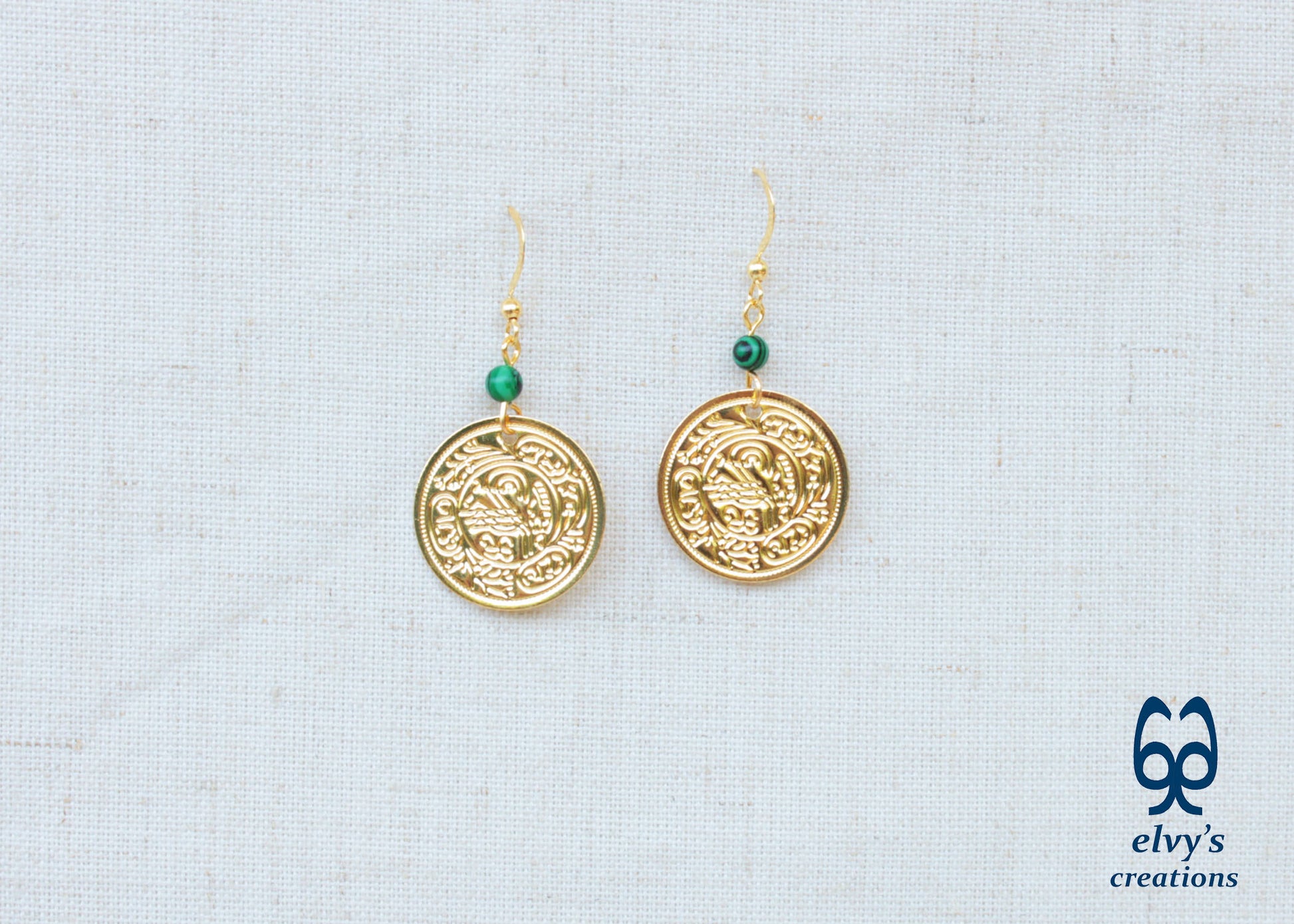 Gold Folklore Earrings Coin Dangle Drop Greek Traditional Jewelry 925 Sterling Silver Gold Plated Gypsy Jewelry Green Malachite Gemstone