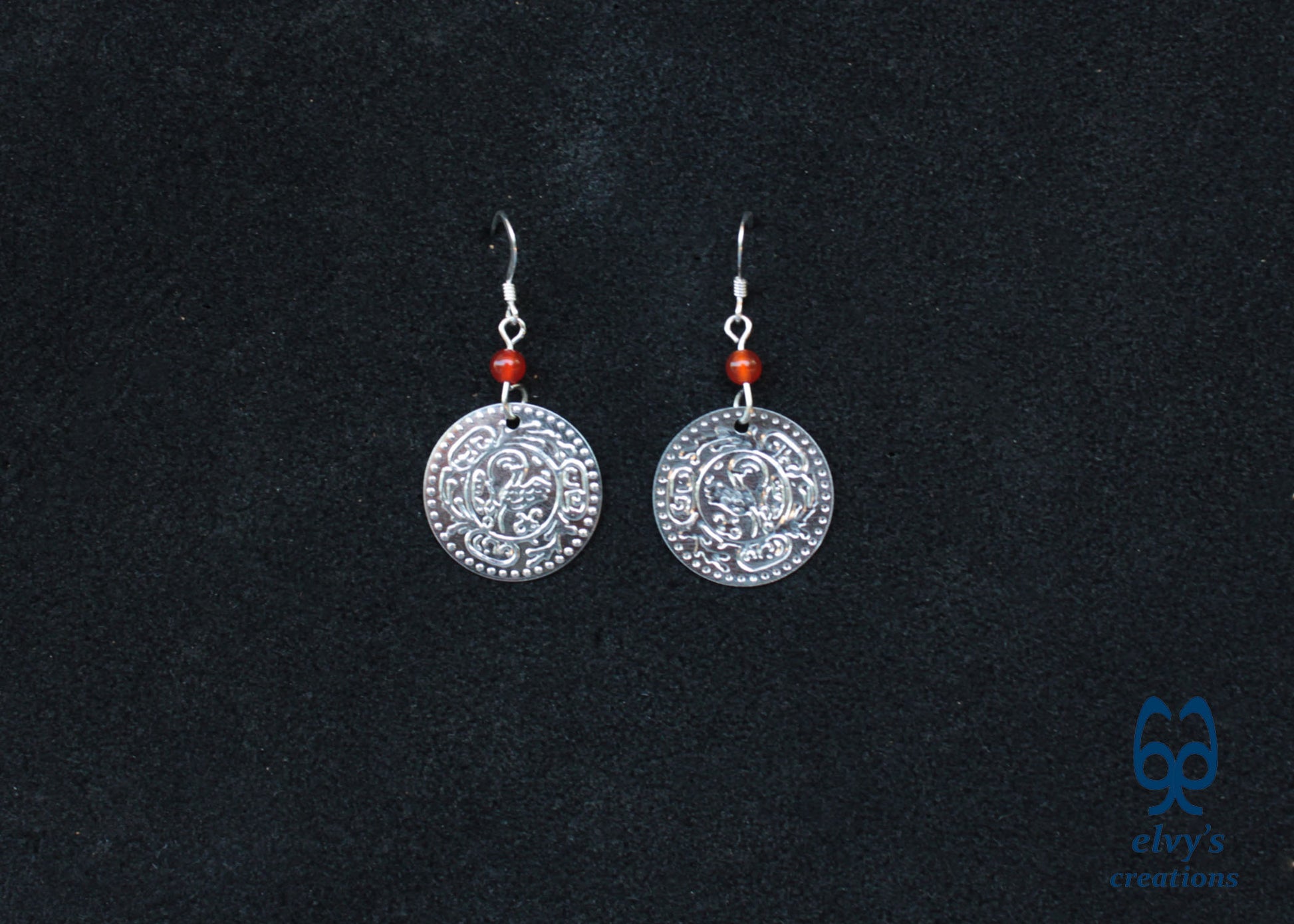 Silver Folklore Earrings Coin Dangle Drop Greek Traditional Jewelry 925 Sterling Silver Gypsy Jewelry Orange Carnelian Gemstone