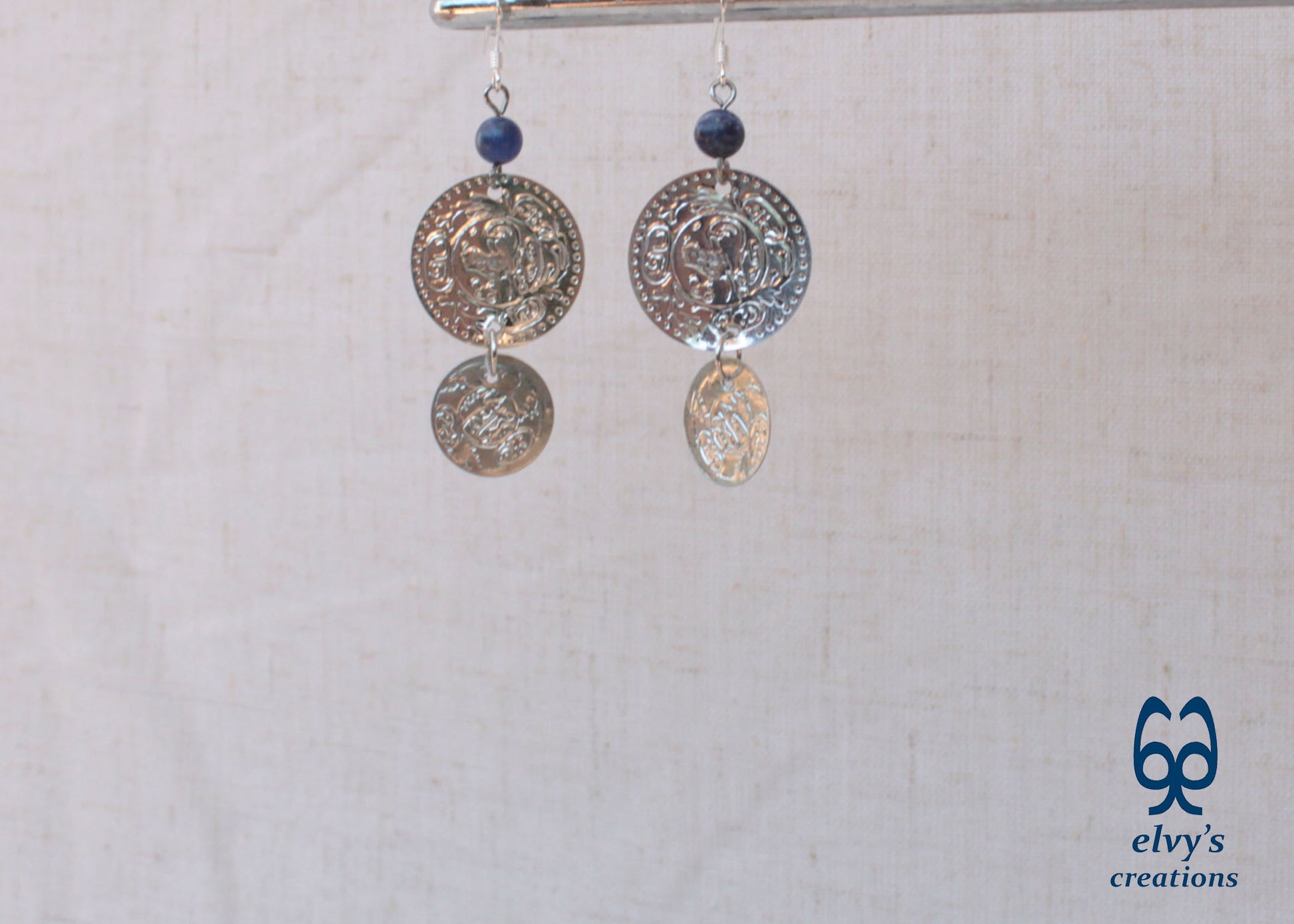 Silver Folklore Earrings Coin Dangle Drop Greek Traditional Jewelry 925 Sterling Silver Gypsy Jewelry Blue Sodalite Gemstone