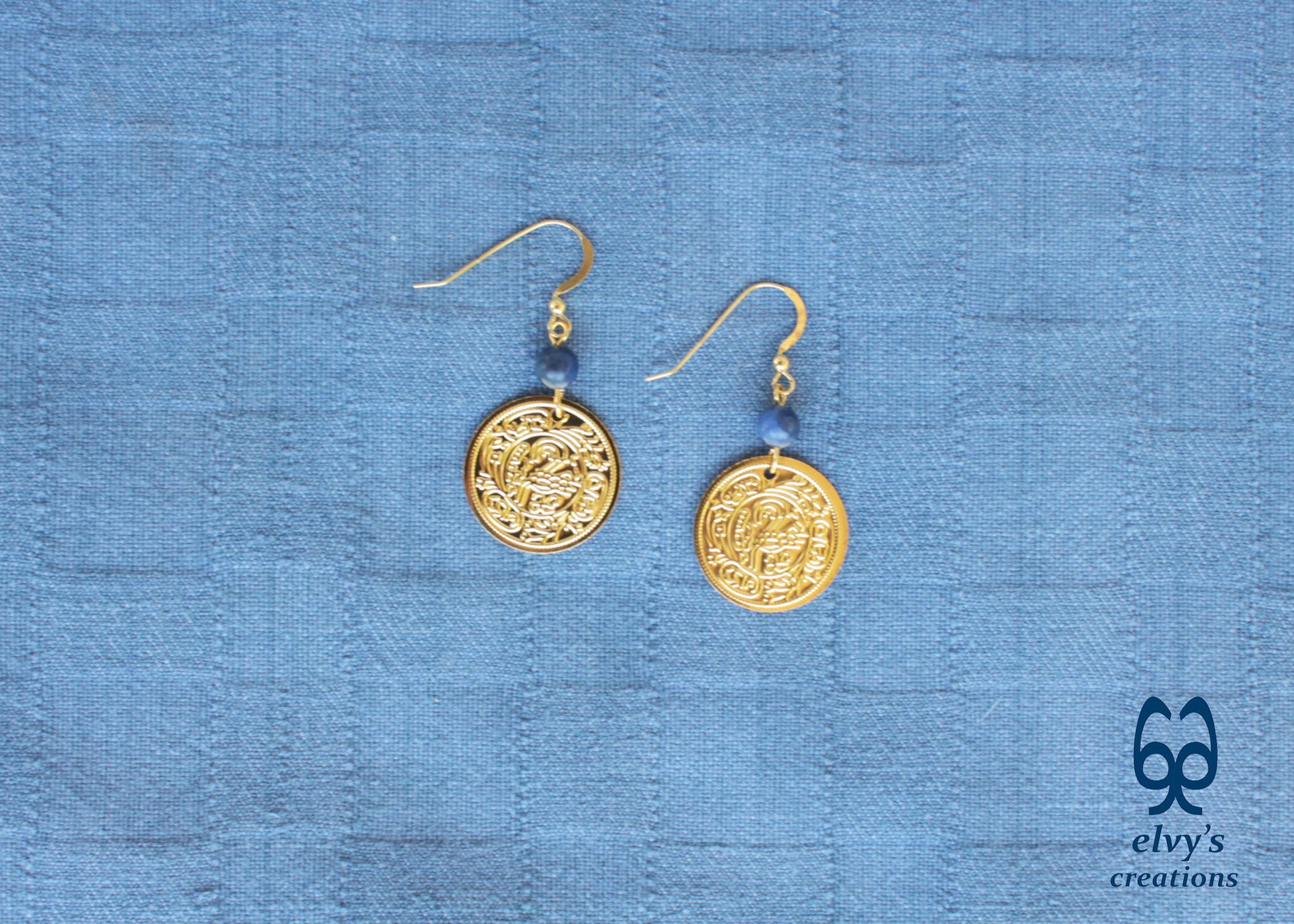 Gold Folklore Earrings Coin Dangle Drop Greek Traditional Jewelry 925 Sterling Silver Gold Plated Gypsy Jewelry Blue Sodalite Gemstone