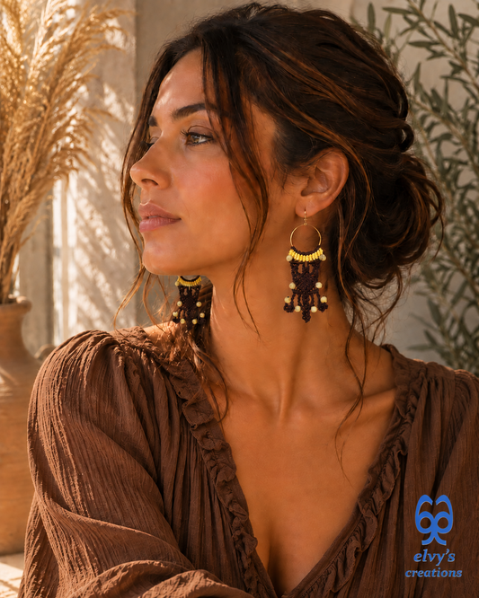 Brown Macrame Hoop Earrings with Yellow Moss Agate Gemstones Silver Earrings