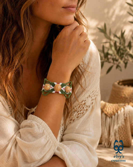 Red and Green Macrame Bracelet with Yellow Agate Gemstone Beaded Cuff, Unique Birthday Gift for Women
