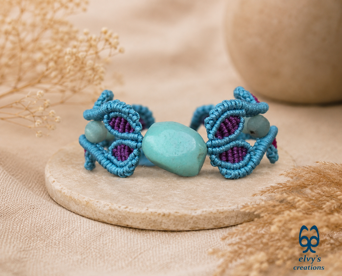 Blue Macrame Bracelet with Amazonite Gemstone Adjustable Unique Birthday Gift for Women