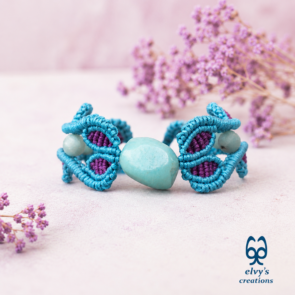 Blue Macrame Bracelet with Amazonite Gemstone Adjustable Unique Birthday Gift for Women