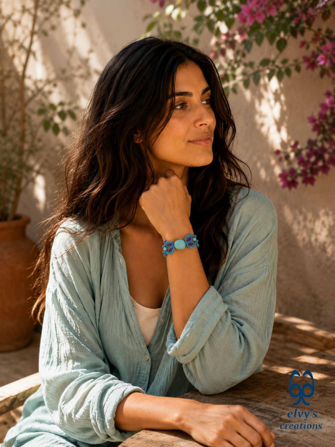Blue Macrame Bracelet with Amazonite Gemstone Adjustable Unique Birthday Gift for Women